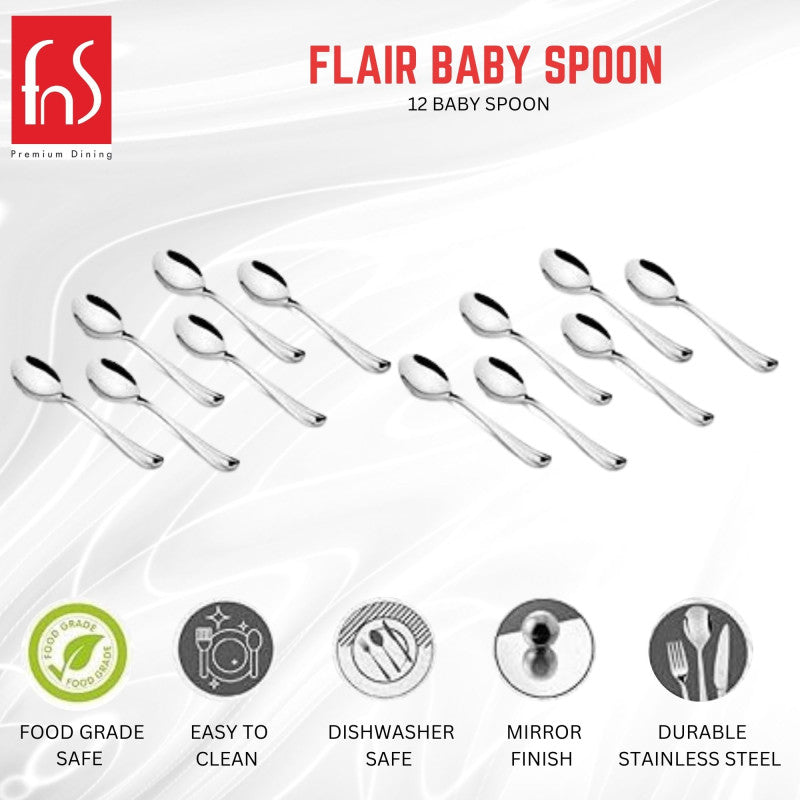 FNS Flair baby spoon 12-piece set product infographic showing food grade safe, easy to clean, dishwasher safe, mirror finish and durable stainless steel features
