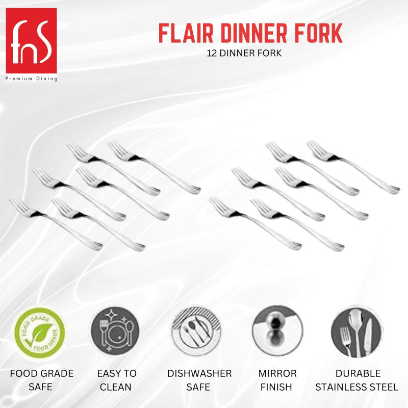 FnS Flair dinner fork set product advertisement showing 12 stainless steel forks