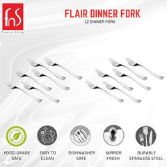 FnS Flair dinner fork set product advertisement showing 12 stainless steel forks
