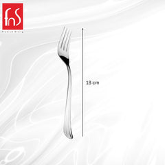 Single stainless steel dinner fork measurement diagram showing 18 cm length