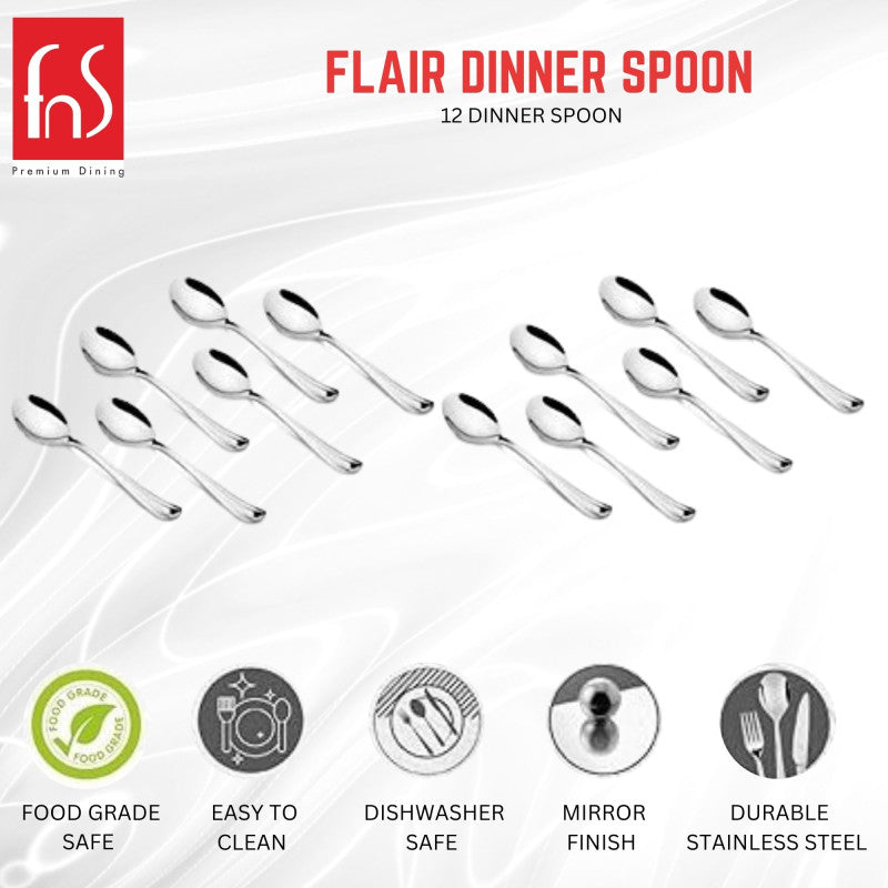 FNS Flair dinner spoon 12-piece set product infographic showing food grade safe, easy to clean, dishwasher safe, mirror finish and durable stainless steel features