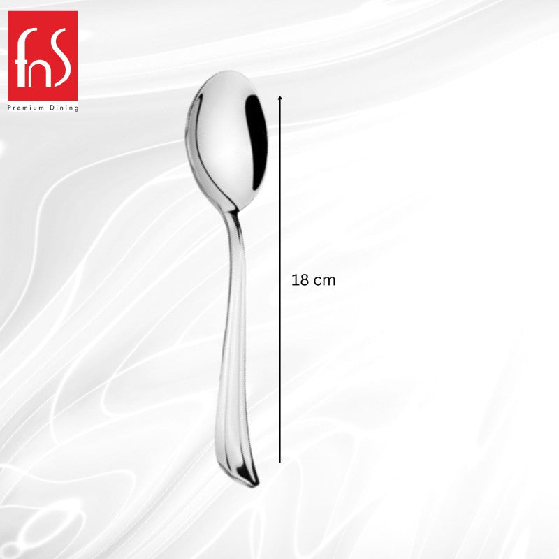 Single FNS Flair dinner spoon with 18cm length measurement specification showing elegant mirror-polished design and classic handle