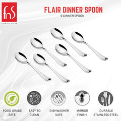 FNS Flair dinner spoon 6-piece set product infographic showing food grade safe, easy to clean, dishwasher safe, mirror finish and durable stainless steel features