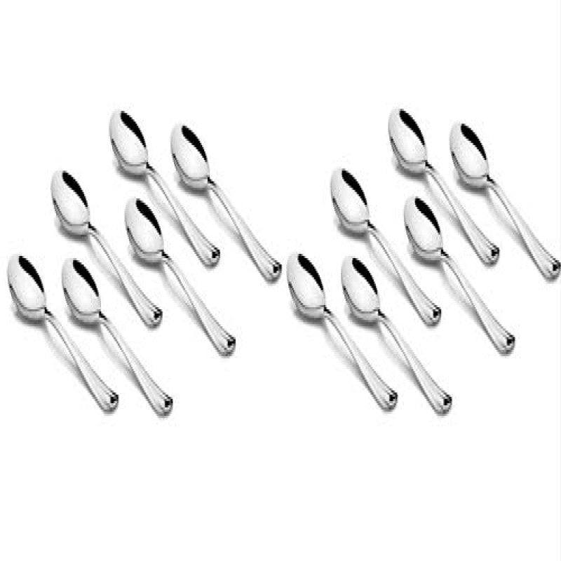 FNS Flair complete 12-piece stainless steel dinner spoon set arranged in two groups on white background showing premium mirror finish