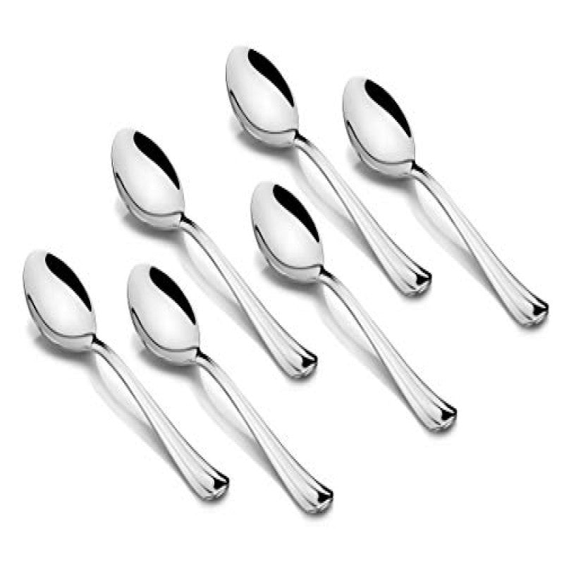 FNS Flair 6-piece stainless steel dinner spoon set with mirror finish and classic design arranged in overlapping display on white background