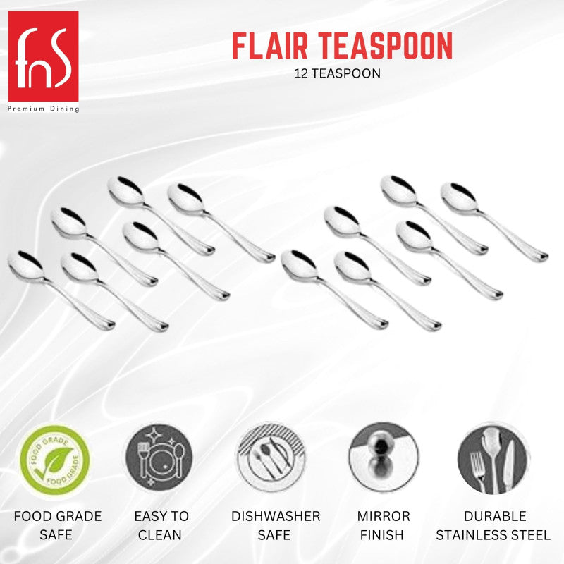 Flair Teaspoon set of twelve arranged in two groups with five feature icons: food grade safe, easy clean, dishwasher safe, mirror finish, durable stainless steel