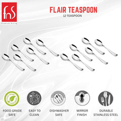 Flair Teaspoon set of twelve arranged in two groups with five feature icons: food grade safe, easy clean, dishwasher safe, mirror finish, durable stainless steel