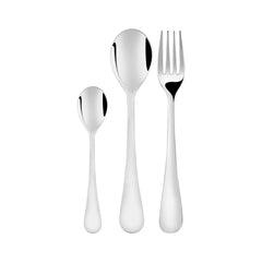 Minimalist three-piece cutlery set with smooth handles, displayed vertically on clean white background.