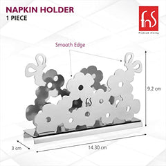 FNS stainless steel floral napkin holder with smooth edge design showing dimensions: 14.30cm width, 9.2cm height, 3cm depth