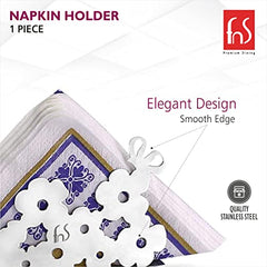 Closeup of FNS stainless steel floral napkin holder with elegant design and smooth edge callout, holding decorative white napkins