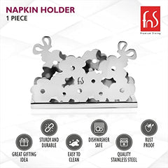 FNS floral stainless steel napkin holder features infographic highlighting sturdy, easy to clean, dishwasher safe, quality stainless steel, and rust proof