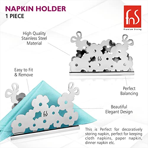 FNS stainless steel floral napkin holder usage infographic showing high quality material, easy fit and remove, perfect balancing, and elegant design with teal napkin