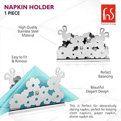 FNS stainless steel floral napkin holder usage infographic showing high quality material, easy fit and remove, perfect balancing, and elegant design with teal napkin