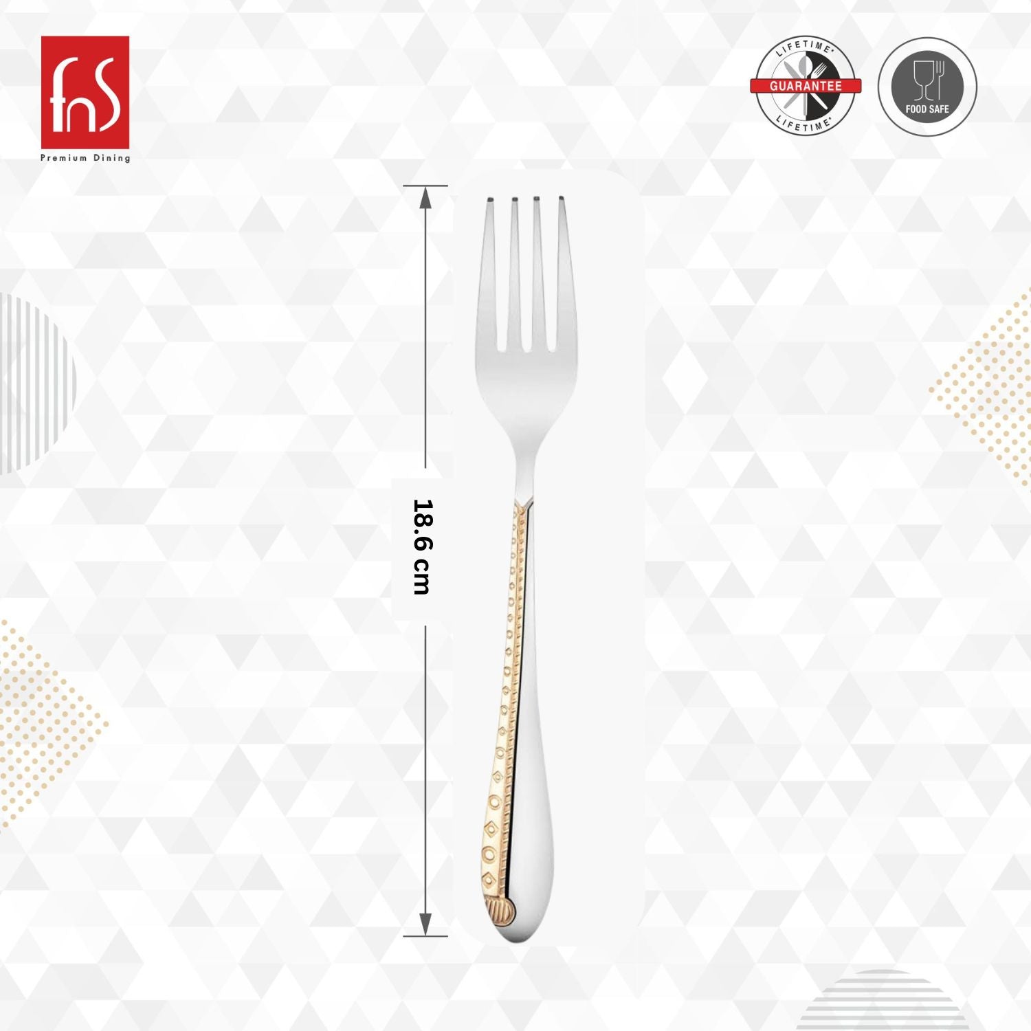 Single dinner fork with measurement showing 18.6 cm length and gold decorative handle pattern