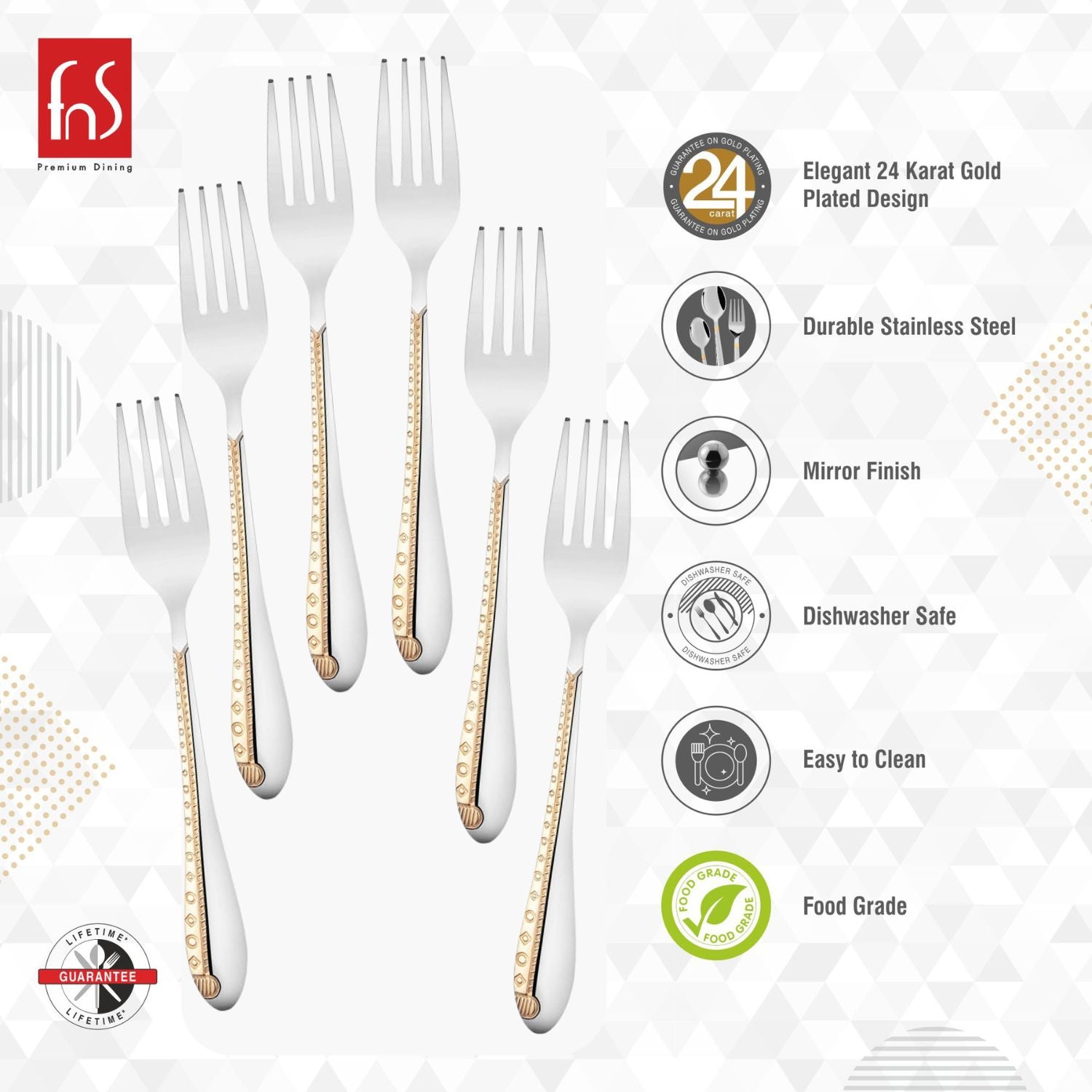 Product features infographic showing 24 karat gold plated fork design with stainless steel construction