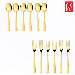 Set of eight gold spoons and forks displayed neatly with FNS Premium Dining logo.