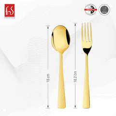 Gold stainless steel spoon and fork with height measurements of 18 cm and 18.2 cm shown.