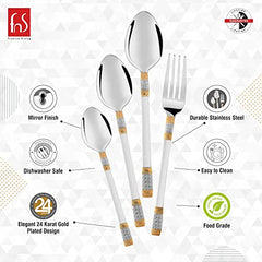 Elegant cutlery set with mirror finish, durable stainless steel, dishwasher safe, 24K gold plating.