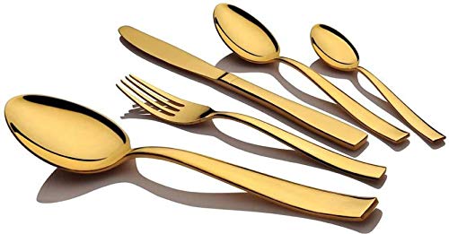 Five-piece gold cutlery set including knives, spoons, and fork, displayed on white background with shadows.