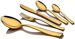 Five-piece gold cutlery set including knives, spoons, and fork, displayed on white background with shadows.