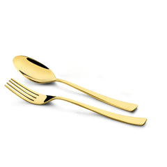 Minimalist gold spoon and fork set isolated on white background with sleek, modern flat handles.