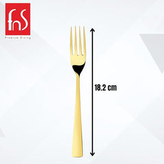 Single gold fork showing 18.2cm length measurement with brand logo
