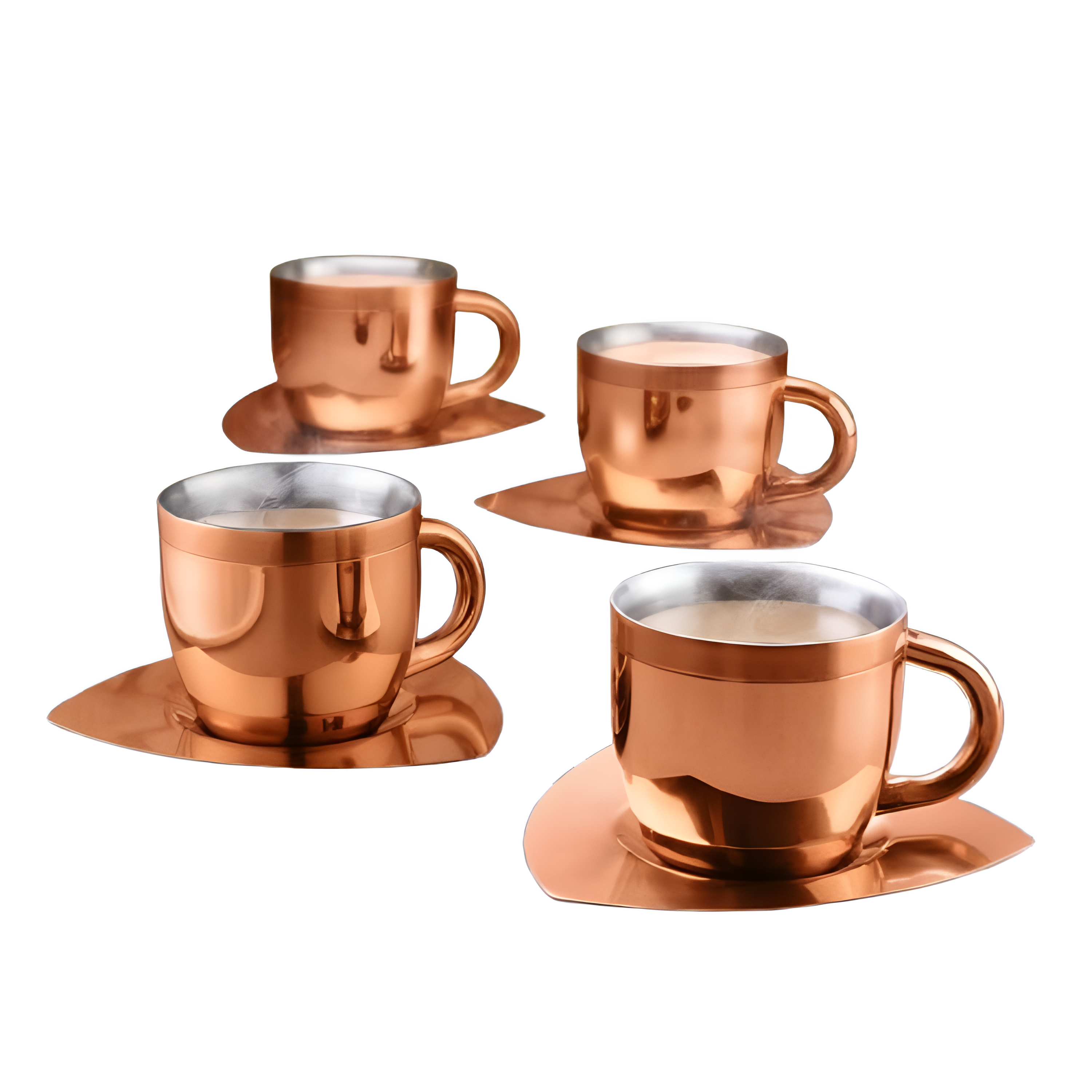 Set of 4 fns gold finish stainless steel tea cups with matching square saucers and polished silver interior, arranged together on white background