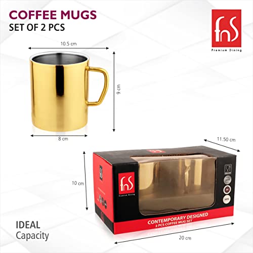 FNS Premium Dining gold mirror finish stainless steel coffee mug set of 2 dimension infographic showing 10.5cm width, 9cm height, 8cm base diameter, with gift box dimensions of 20x11.5x10cm