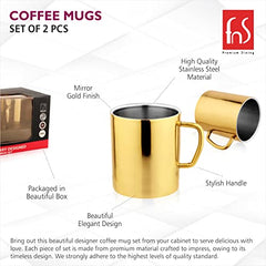 FNS Premium Dining gold mirror finish stainless steel coffee mug set of 2 features infographic highlighting high quality stainless steel, mirror gold finish, stylish handle, elegant design, and gift box packaging