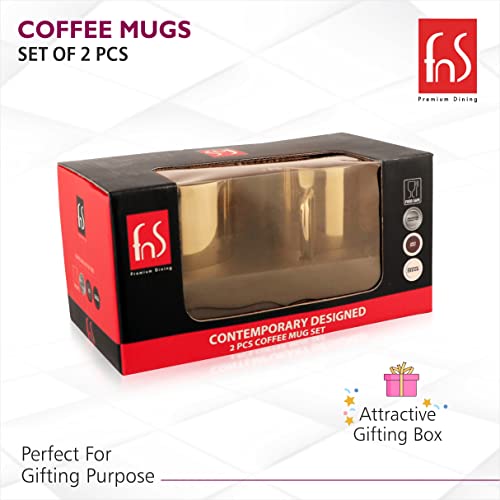 FNS Premium Dining set of 2 gold mirror finish stainless steel coffee mugs displayed in an attractive red and black gift box with clear window, perfect for gifting