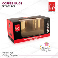 FNS Premium Dining set of 2 gold mirror finish stainless steel coffee mugs displayed in an attractive red and black gift box with clear window, perfect for gifting