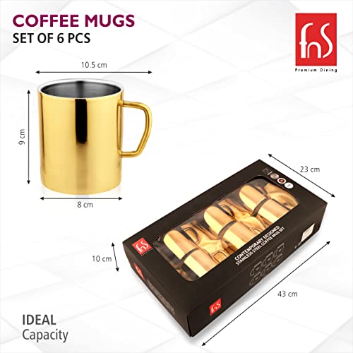 FNS Premium Dining gold mirror finish stainless steel coffee mug set of 6 dimension infographic showing 10.5cm width, 9cm height, 8cm base diameter, with gift box dimensions of 43x23x10cm