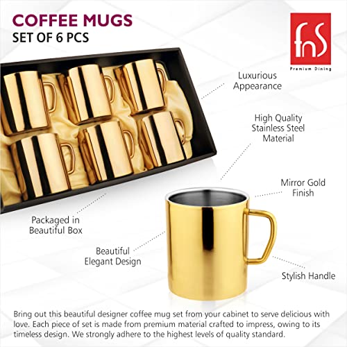 FNS Premium Dining gold mirror finish stainless steel coffee mug set of 6 features infographic highlighting luxurious appearance, high quality stainless steel, mirror gold finish, stylish handle, elegant design, and gift box packaging