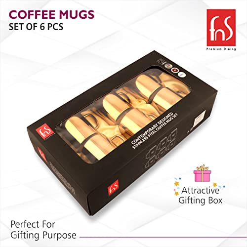 FNS Premium Dining set of 6 gold mirror finish stainless steel coffee mugs displayed in an attractive black gift box with clear window, perfect for gifting