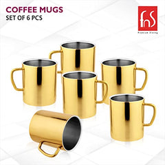 Set of 6 FNS Premium Dining gold mirror finish stainless steel coffee mugs with gold handles displayed on white background