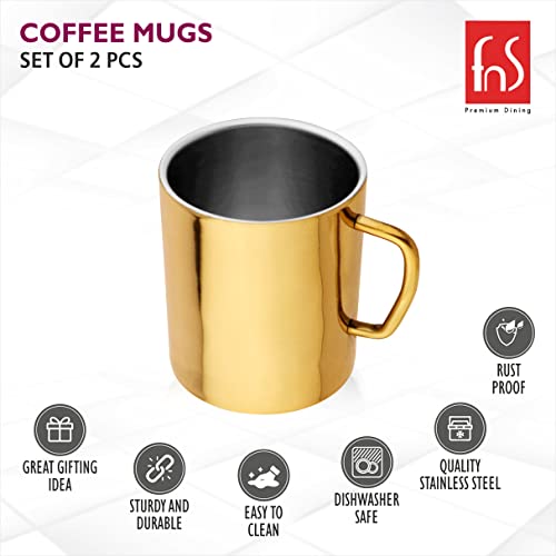 FNS Premium Dining gold mirror finish stainless steel coffee mug features infographic highlighting rust proof, quality stainless steel, dishwasher safe, easy to clean, sturdy and durable, and great gifting idea