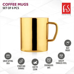 FNS Premium Dining gold mirror finish stainless steel coffee mug features infographic highlighting rust proof, quality stainless steel, dishwasher safe, easy to clean, sturdy and durable, and great gifting idea