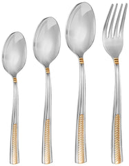 Four-piece stainless steel cutlery set with golden chevron detailing, including spoons and a fork.