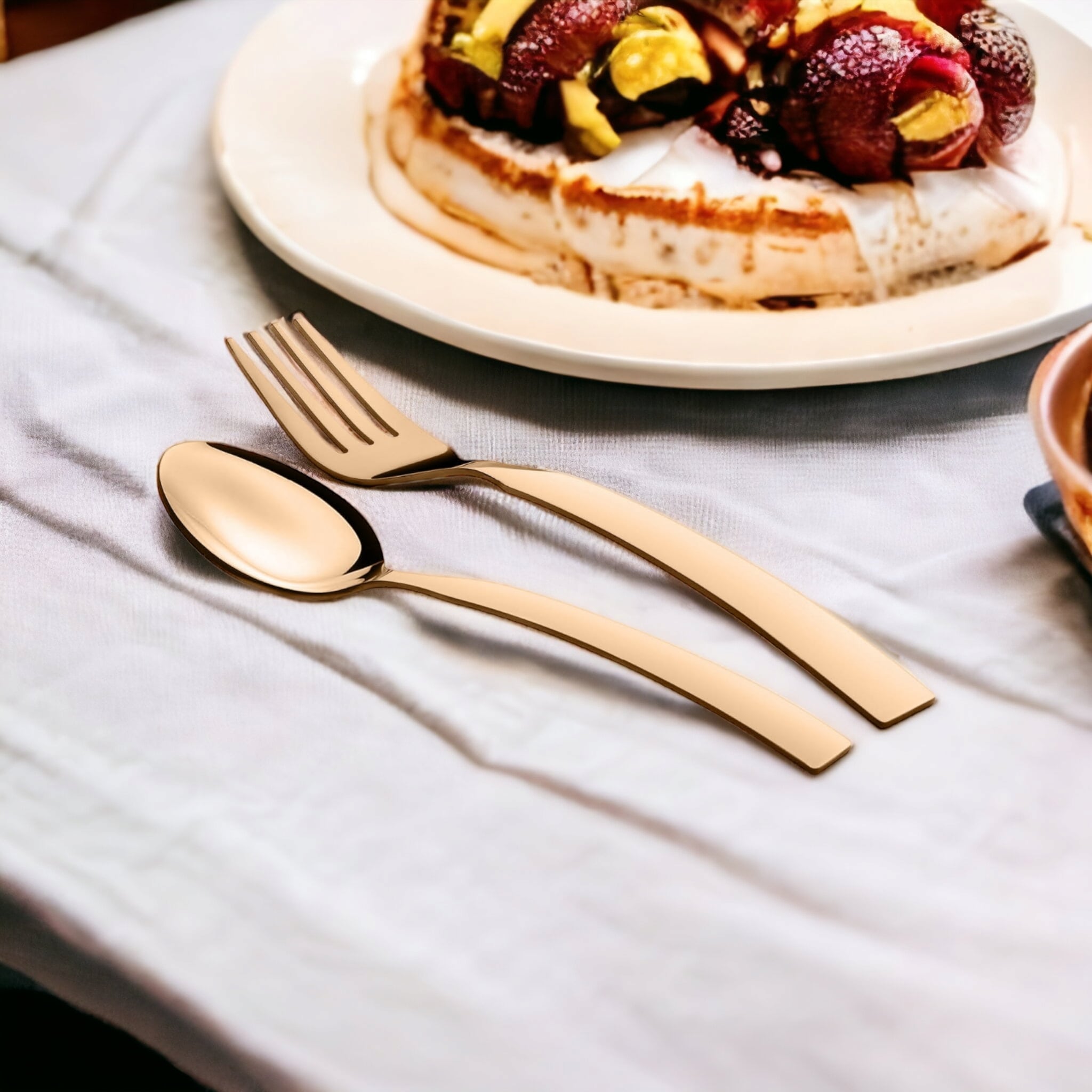 Gold spoon and fork resting on white cloth near a dessert plate with fruit and cream.