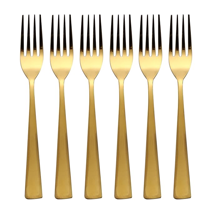 Six gold forks with black-tipped tines arranged in a row