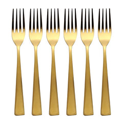 Six gold forks with black-tipped tines arranged in a row