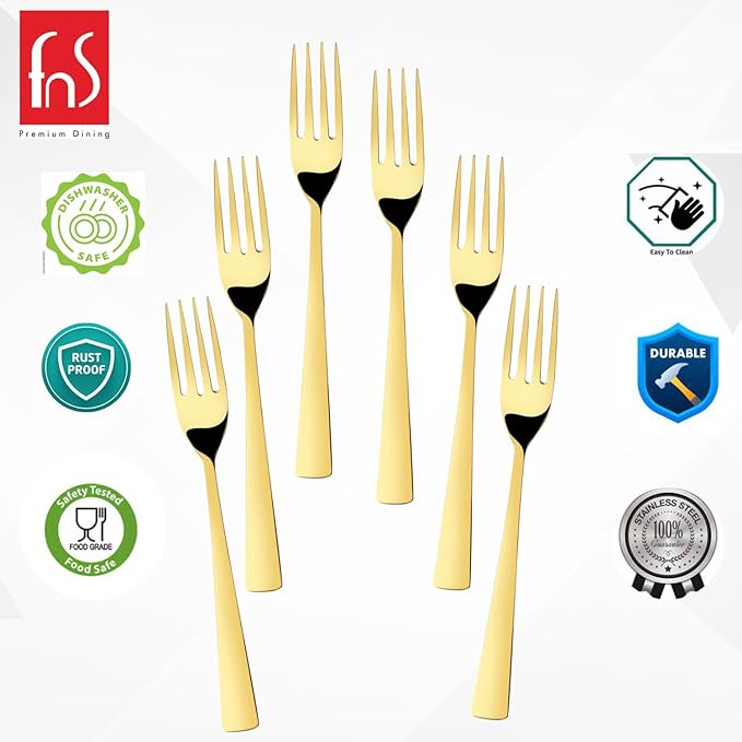Seven gold forks displayed with product badges and quality certifications
