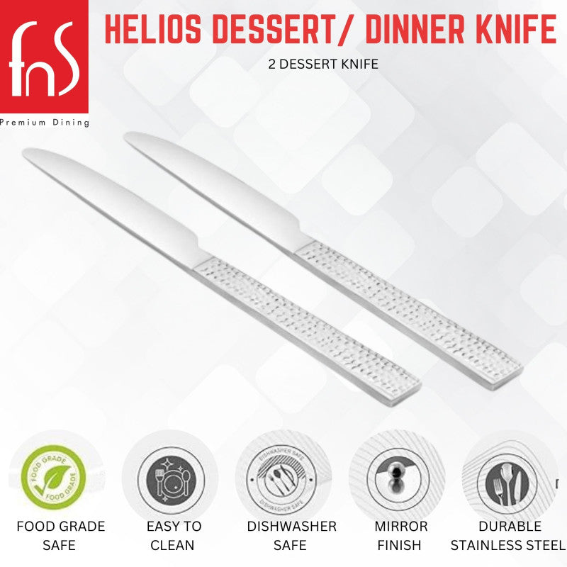 FnS Helios Dessert/Dinner Knife set of two featuring food-grade safe, easy clean, dishwasher safe, mirror finish, durable stainless steel properties.