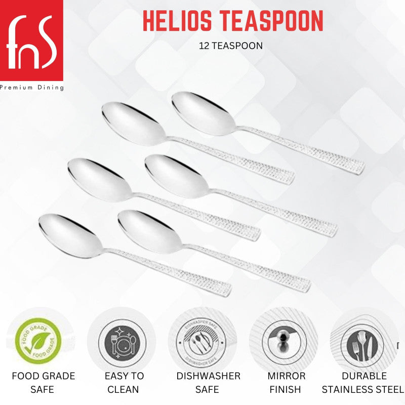 Helios teaspoon set of twelve with textured handles arranged in rows, featuring icons for food grade safe, easy clean, dishwasher safe, mirror finish, and durable stainless steel.