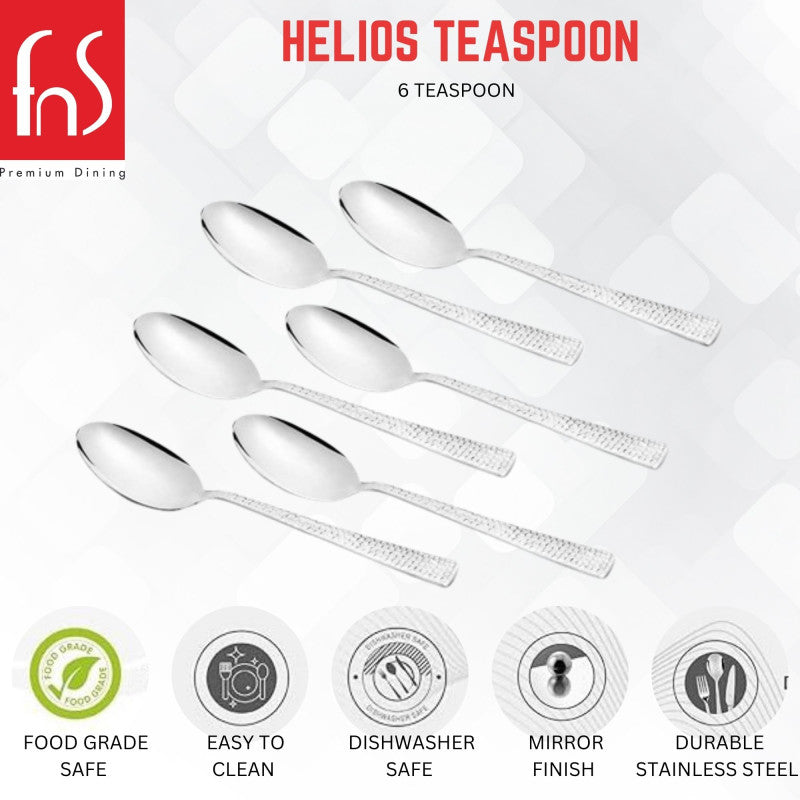 Helios teaspoon set of six displayed with feature icons highlighting food grade safe, easy to clean, dishwasher safe, mirror finish, and durable stainless steel properties.