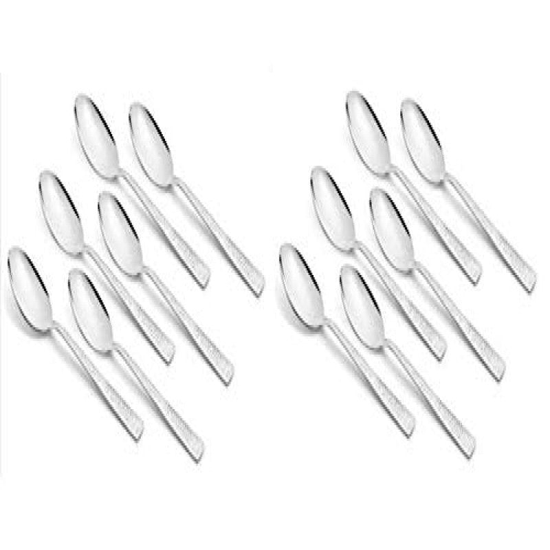 Twelve stainless steel teaspoons with textured handles arranged in two groups of six on white background, displaying uniform mirror-finish bowls and matching design.