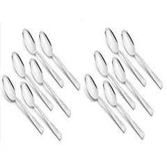 Twelve stainless steel teaspoons with textured handles arranged in two groups of six on white background, displaying uniform mirror-finish bowls and matching design.