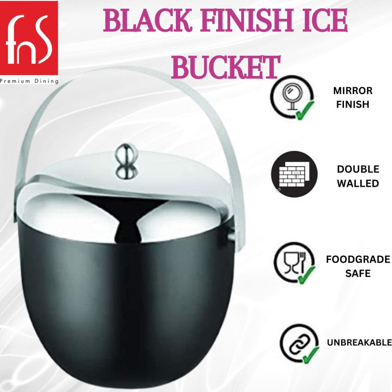 FNS Premium Dining black finish ice bucket infographic highlighting mirror finish, double walled insulation, food grade safe, and unbreakable features