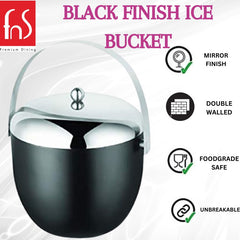 FNS Premium Dining black finish ice bucket infographic highlighting mirror finish, double walled insulation, food grade safe, and unbreakable features