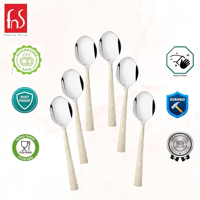 FNS ice cream spoon 6-piece set product infographic showing dishwasher safe, rust proof, easy to clean, durable, food grade safe and 100% stainless steel features with decorative textured handles